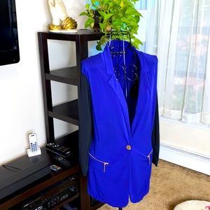 Ivanka Trump black and blue satin blazer gold hardware.